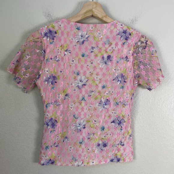 Y2K Womens XS Floral Mesh Short Sleeve V Neck Top Stretch Shirt Fairy Romantic - Picture 8 of 9